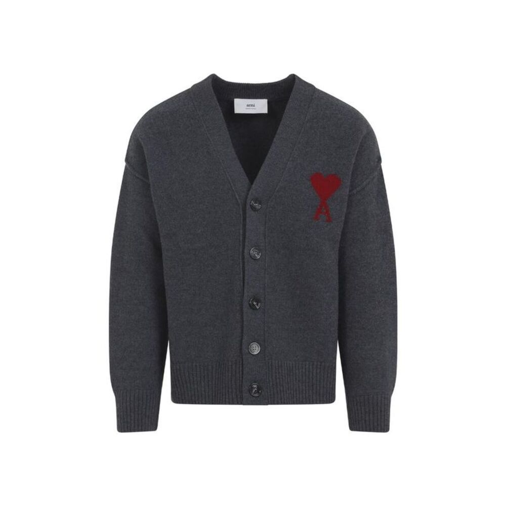 AMI PARIS Men's V-Neck Cardigan with Ami de Coeur Applique Men GREY Sweaters &